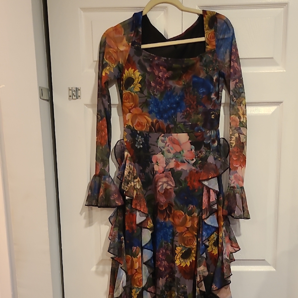 Floral Ruffle Long-Sleeve Midi Dress - Multicolor